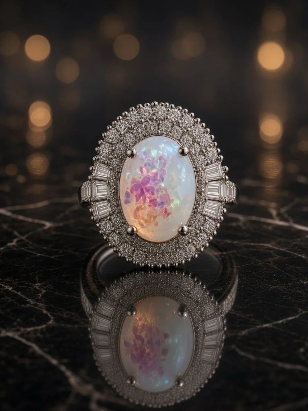 NWT Silver 3 ctw Crystal White Opal Halo Ring